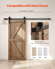 1830 mm Sliding Barn Door Hardware Kit for Single Sliding Barn Door Black