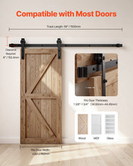 1500 mm Sliding Barn Door Hardware Kit for Single Sliding Barn Door Black