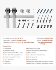 6FT Sliding Barn Door Hardware Kit, 330 LBS Weight Capacity, Compatible with 36 Inches Max Width & 1-3/8 to 1-3/4 Inches Thickness Single Sliding Barn Door, Durable Track & J-shape Roller Silver
