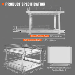 2 Tier 20"Wx21"Dx15"H Pull Out Cabinet Organizer, Heavy Duty Slide Out Pantry Shelves, Steel Roll Out Drawers, Sliding Drawer Storage for Home, 21.5"Wx22"Dx18"H Install Size for Cabinet