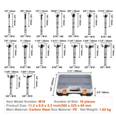Forstner Bit Set, 16 Pcs Forstner Drill Bits Set, 1/4" to 1-5/8", Carbon Steel, with Universal Round Shank, Forstner Drill Bit for Wood and Composite Board, Forstner Bits for Woodworking