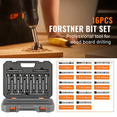 Forstner Bit Set, 16 Pcs Forstner Drill Bits Set, 1/4" to 1-5/8", Carbon Steel, with Universal Round Shank, Forstner Drill Bit for Wood and Composite Board, Forstner Bits for Woodworking