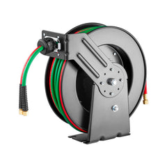 Retractable Welding Hose Reel, 1/4-Inch x 50FT Twin Oxygen Acetylene Rubber Hose Max 300PSI - T Grade, Ceiling/Wall Mount Heavy Duty Steel Hose Reel Auto-Rewind, Ideal for Workshops Garages