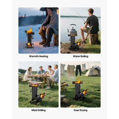 Camping Rocket Stove, Wood Burning Portable Rocket Stove with Carrying Bag for Backpacking, Carbon Steel, Burn Wood, Twigs or Sticks for Outdoor Cooking, Backyard, Camp Cooking, Heating, Black