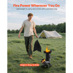 Camping Rocket Stove, Wood Burning Portable Rocket Stove with Carrying Bag for Backpacking, Carbon Steel, Burn Wood, Twigs or Sticks for Outdoor Cooking, Backyard, Camp Cooking, Heating, Black