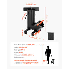 Camping Rocket Stove, Wood Burning Portable Rocket Stove with Carrying Bag for Backpacking, Carbon Steel, Burn Wood, Twigs or Sticks for Outdoor Cooking, Backyard, Camp Cooking, Heating, Black