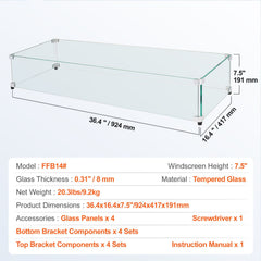 Glass Wind Guard for Rectangular Fire Pit Table 924 x 417 x 191 mm, 8mm Thick and Sturdy Tempered Glass Panel with Hard Aluminum Corner Bracket & Rubber Feet, Easy to Assemble