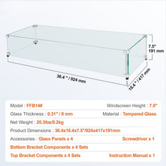 Glass Wind Guard for Rectangular Fire Pit Table 924 x 417 x 191 mm, 8mm Thick and Sturdy Tempered Glass Panel with Hard Aluminum Corner Bracket & Rubber Feet, Easy to Assemble