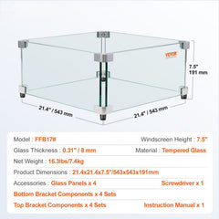Gas Fire Pit Wind Guard for Square Fire Table, 543 x 543 x 191 mm Clear Tempered Wind Guard for Firepits, 8mm Thick Square Glass Shield, Glass Panel with Hard Corner Bracket & Feet