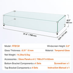 Glass Wind Guard for Rectangular Fire Pit Table 798 x 317 x 165 mm, 8mm Thick and Sturdy Tempered Glass Panel with Hard Aluminum Corner Bracket & Rubber Feet, Easy to Assemble