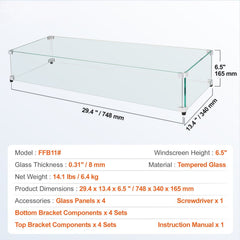 Glass Wind Guard for Rectangular Fire Pit Table 748 x 340 x 165 mm, 8mm Thick and Sturdy Tempered Glass Panel with Hard Aluminum Corner Bracket & Rubber Feet, Easy to Assemble