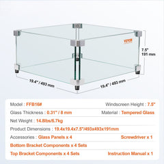 Gas Fire Pit Wind Guard for Square Fire Table, 493 x 493 x 191 mm Clear Tempered Wind Guard for Firepits, 8mm Thick Square Glass Shield, Glass Panel with Hard Corner Bracket & Feet