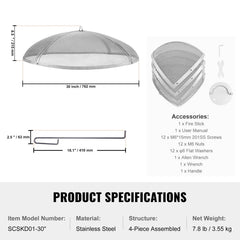 Fire Pit Spark Screen Round 30", Reinforced Heavy Duty Steel Metal Cover, Outdoor Firepit Lid, Easy-Opening Top Screen Covers Round with Ring Handle for Outdoor Patio Fire Pits Backyard