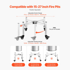Fire Pit Stand, 38-68.6 cm Adjustable Stretch with 4 Casters, Firepit Stand for Solo Stove Bonfire Ranger Yukon & Other Outside Firepit, Stainless Steel Camping Fire Pit Accessory for Fireplace