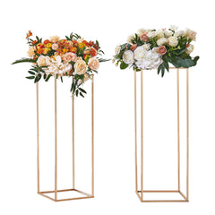 2PCS 31.5inch/80cm High Wedding Flower Stand, With Acrylic Laminate,Metal Vase Column Geometric Centerpiece Stands, Gold Rectangular Floral Display Rack for Events Reception, Party Decoration