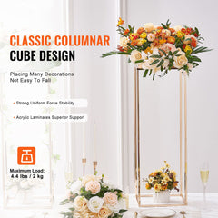 2PCS 31.5inch/80cm High Wedding Flower Stand, With Acrylic Laminate,Metal Vase Column Geometric Centerpiece Stands, Gold Rectangular Floral Display Rack for Events Reception, Party Decoration