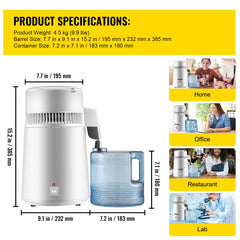 Water Distiller Purifier Pure Water Distiller Filters Water Distillation 4L Internal Stainless Steel with Collection Bottle