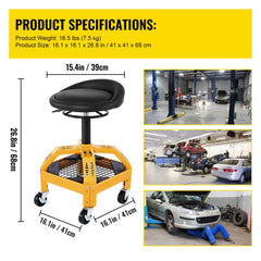 Rolling Garage Stool, 300LBS Capacity, Adjustable Height from 24 in to 28.7 in, Mechanic Seat with 360-degree Swivel Wheels and Tool Tray, for Workshop, Auto Repair Shop, Yellow