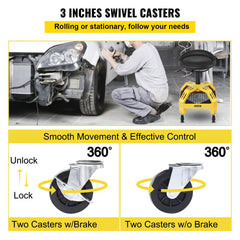 Rolling Garage Stool, 300LBS Capacity, Adjustable Height from 24 in to 28.7 in, Mechanic Seat with 360-degree Swivel Wheels and Tool Tray, for Workshop, Auto Repair Shop, Yellow