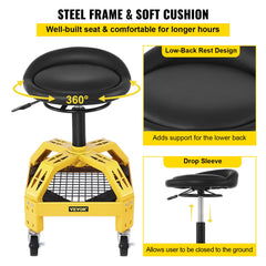 Rolling Garage Stool, 300LBS Capacity, Adjustable Height from 24 in to 28.7 in, Mechanic Seat with 360-degree Swivel Wheels and Tool Tray, for Workshop, Auto Repair Shop, Yellow