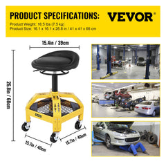 Rolling Garage Stool, 300LBS Capacity, Adjustable Height from 24 in to 28.7 in, Mechanic Seat with 360-degree Swivel Wheels and Tool Tray, for Workshop, Auto Repair Shop, Yellow
