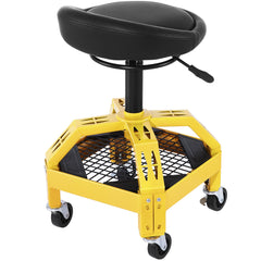 Rolling Garage Stool, 300LBS Capacity, Adjustable Height from 24 in to 28.7 in, Mechanic Seat with 360-degree Swivel Wheels and Tool Tray, for Workshop, Auto Repair Shop, Yellow