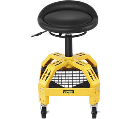 Rolling Garage Stool, 300LBS Capacity, Adjustable Height from 24 in to 28.7 in, Mechanic Seat with 360-degree Swivel Wheels and Tool Tray, for Workshop, Auto Repair Shop, Yellow