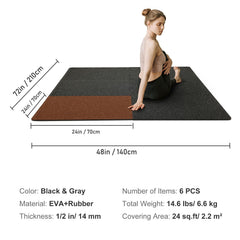 6 PCS 1/2 inch Thick Gym Floor Mats, 24" x 24" EVA Foam & Rubber Top Interlocking Workout Floor Mats with 24 sq.ft Coverage, Waterproof Exercise Puzzle Flooring for Gym, Home, Garage, Basement