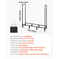 Firewood Rack with Waterproof Cover, 1.22m Outdoor Firewood Holder, 1/4 Cord Storage Metal Log Holder, 400lb Max Weight Capacity, Full Covered, Powder-Coated Wood Storage Rack for Fireplace Deck