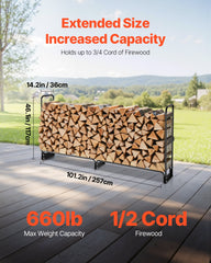 VEVOR Firewood Rack with Waterproof Cover, 2.57m Outdoor Firewood Holder, 1/2 Cord Storage Metal Log Holder, 299kg Max Weight Capacity, Top Covered, Powder-Coated Wood Storage Rack for Fireplace Deck