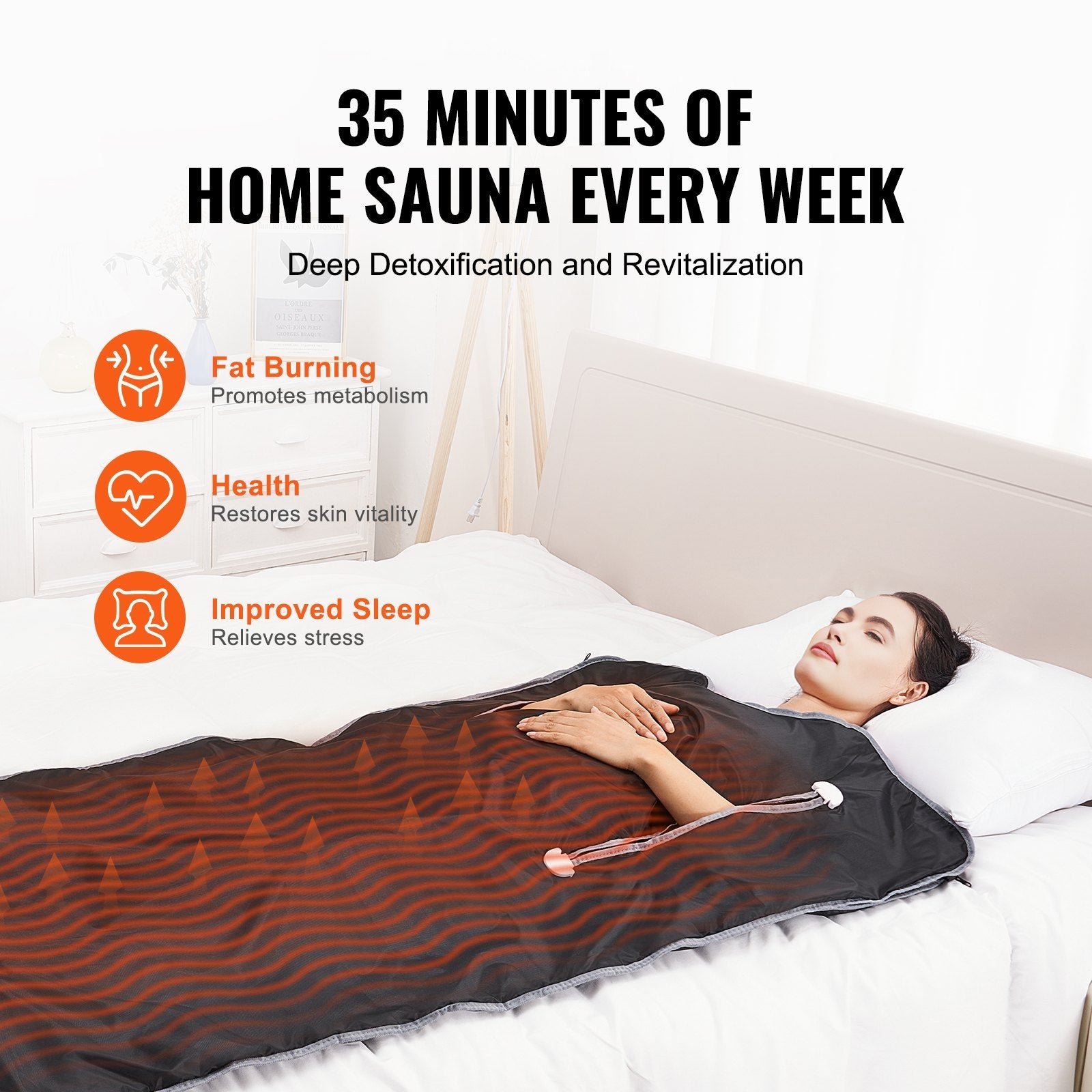Person lying in a home sauna with VEVOR branding and benefits listed.