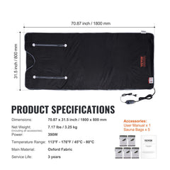 Sauna Blanket for Detoxification, Portable Far Infrared Sauna for Home, Oxford Sauna Bag w/ Arm Holes & Carbon Fiber Heating, 1-6 Level Adjustable Temp, 5-60 Minutes Timer, 1800x800mm