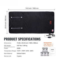 Sauna Blanket for Detoxification, Portable Far Infrared Sauna for Home, Oxford Sauna Bag w/ Arm Holes & Carbon Fiber Heating, 1-6 Level Adjustable Temp35-80°C, 5-60 Minutes Timer, 1900x900mm