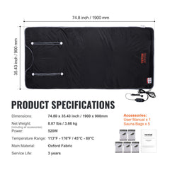 Sauna Blanket for Detoxification, Portable Far Infrared Sauna for Home, Oxford Sauna Bag w/ Arm Holes & Carbon Fiber Heating, 1-6 Level Adjustable Temp35-80°C, 5-60 Minutes Timer, 1900x900mm