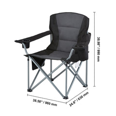 Camping Folding Chair for Adults, Portable Heavy Duty Outdoor Quad Lumbar Back Padded Arm Chairs with Side Pockets, Cup Holder and Cooler Bag for Beach, Lawn, Picnic, Fishing, Backpacking, Black