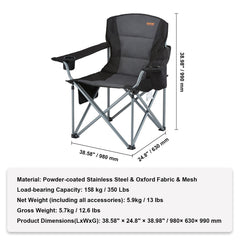 Camping Folding Chair for Adults, Portable Heavy Duty Outdoor Quad Lumbar Back Padded Arm Chairs with Side Pockets, Cup Holder and Cooler Bag for Beach, Lawn, Picnic, Fishing, Backpacking, Black