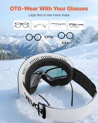 Frameless Ski Goggles, Magnet Cylindrical Lens with Pink Revo Coating, OTG Anti fog Snow Goggles for Men Women Youth, TPU Frame & Ventilation Structure, Fit for Skiing, Skating, Snowboarding