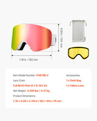 Frameless Ski Goggles, Magnet Cylindrical Lens with Pink Revo Coating, OTG Anti fog Snow Goggles for Men Women Youth, TPU Frame & Ventilation Structure, Fit for Skiing, Skating, Snowboarding