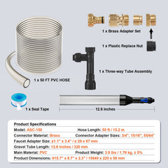 Aquarium Vacuum Gravel Cleaner, 50 ft PVC Hose Fish Tank Vacuum Gravel Cleaner, Siphon Fish Tank Cleaner Vacuum, 3 Types of Brass Adapters, for Fish Tank Cleaning Gravel & Sand