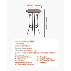 Outdoor Round Bar Table, 60 cm Counter Bar Height Bistro Table, Patio Dining Tables with Easy-to-Clean Top & Sturdy Metal Frame, Indoor High Top Pub Tables for Small Places, Kitchen