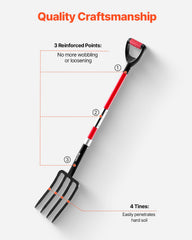 4 Tines Garden Fork Fiberglass Handle 45 in Spading Pitchfork Heavy Duty