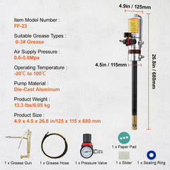 Grease Pump, 50:1 Pressure Ratio Air Operated Grease Pump with 3.88 m High Pressure Hose and Grease Gun, Pneumatic Grease Pump, Portable Lubrication Grease Pump with 360° Swivel Grease Gun Head
