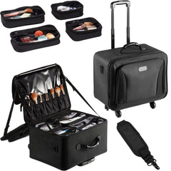 Rolling Makeup Train Case Large Storage 3 Tiers, Convenient Carry With Handle, Wheels, Strap, Professional Makeup Storage Organizer Box Make Up Carrier Waterproof Oxford, Black