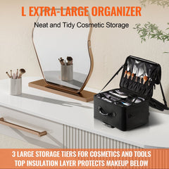 Rolling Makeup Train Case Large Storage 3 Tiers, Convenient Carry With Handle, Wheels, Strap, Professional Makeup Storage Organizer Box Make Up Carrier Waterproof Oxford, Black