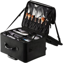 Rolling Makeup Train Case Large Storage 3 Tiers, Convenient Carry With Handle, Wheels, Strap, Professional Makeup Storage Organizer Box Make Up Carrier Waterproof Oxford, Black
