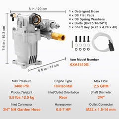 Pressure Washer Pump, 19 mm Shaft Horizontal, 3400 PSI, 2.5GPM, Replacement Power Washer Pumps Kit, Parts Washer Pump, Compatible with Honda, Simpson, RYOBI, Briggs & Stratton, Subaru, Craftsman