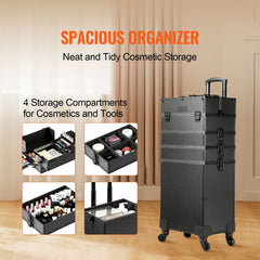5 in 1 Professional Makeup Train Case Aluminum Cosmetic Case, Rolling Makeup Case Extra Large Trolley Makeup Travel Organizer, with 360° Swivel Wheels & Adjustable Pull Rod, Black