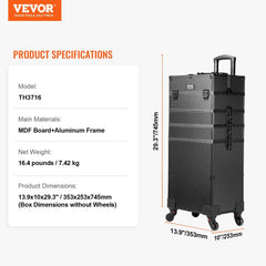 5 in 1 Professional Makeup Train Case Aluminum Cosmetic Case, Rolling Makeup Case Extra Large Trolley Makeup Travel Organizer, with 360° Swivel Wheels & Adjustable Pull Rod, Black