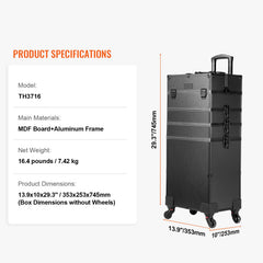 5 in 1 Professional Makeup Train Case Aluminum Cosmetic Case, Rolling Makeup Case Extra Large Trolley Makeup Travel Organizer, with 360° Swivel Wheels & Adjustable Pull Rod, Black