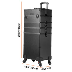 5 in 1 Professional Makeup Train Case Aluminum Cosmetic Case, Rolling Makeup Case Extra Large Trolley Makeup Travel Organizer, with 360° Swivel Wheels & Adjustable Pull Rod, Black